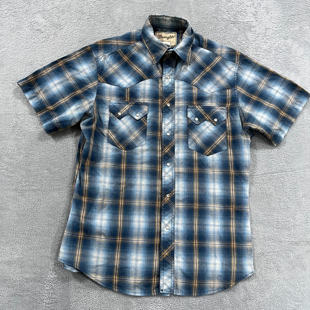 Wrangler Shirt Men's M Western‎ Pearl Snap Blue Plaid Rancher Rodeo Cowboy